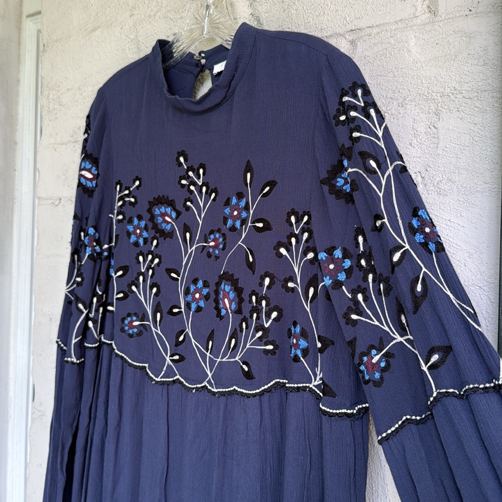 Parker Sadie Embroidered Blue Boho Long Sleeve Mini Dress Size Small - Picture 4 of 12
